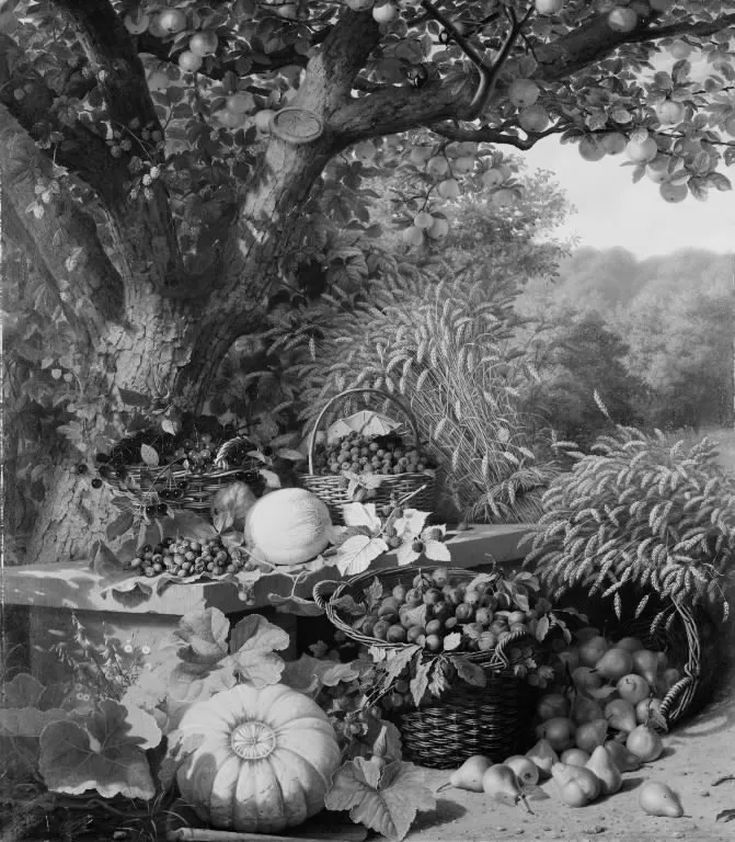 Korn og frugter under et æbletræ, by William Hammer, oil, 1860