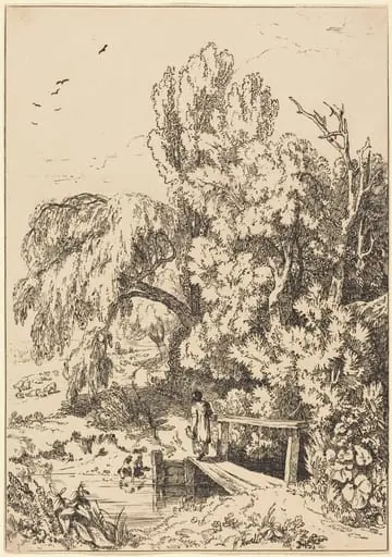 Landscape with Trees, Girl Crossing Footbridge, by William Havell