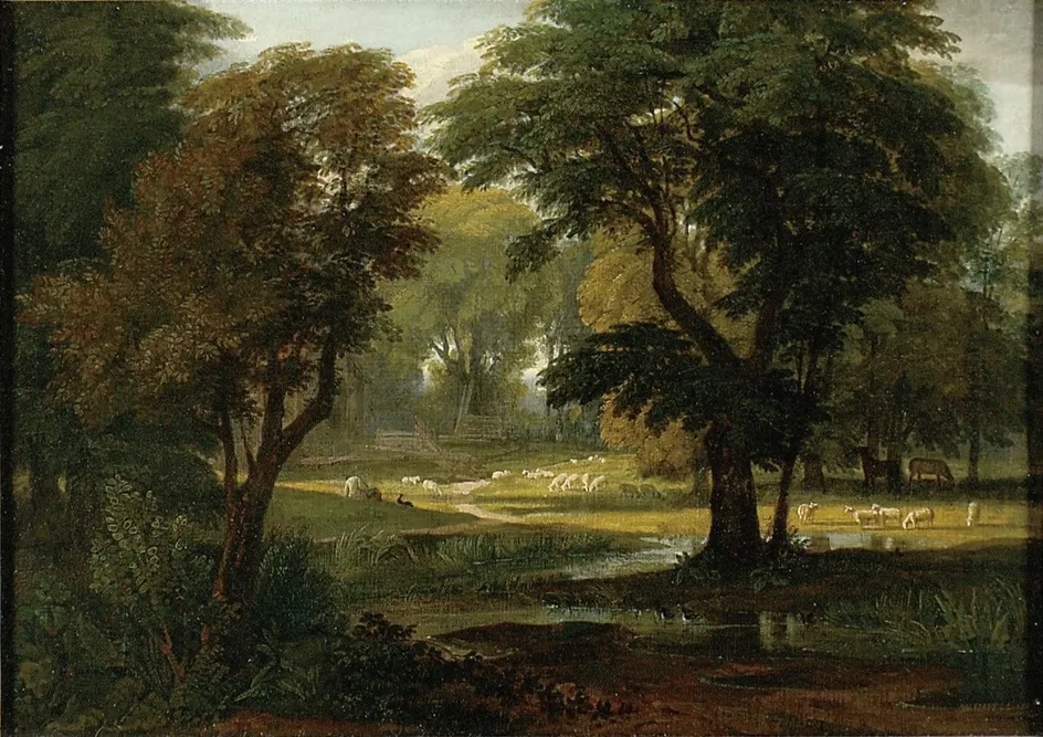 Sheep and Horses grazing under Trees, by William Havell, oil, 1829
