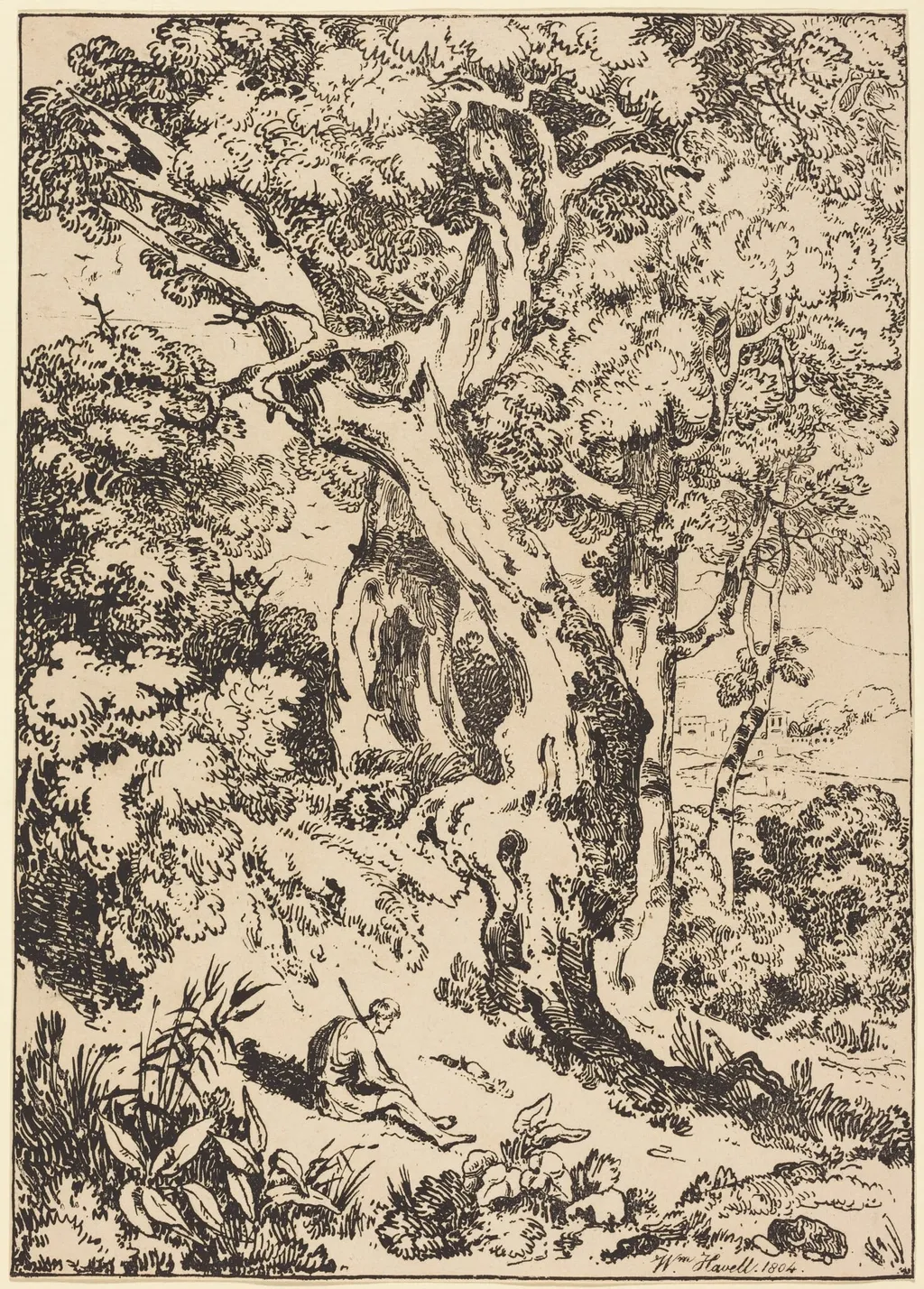 Study of Trees and Shrubs with Seated Figure, by William Havell, ink, 1804