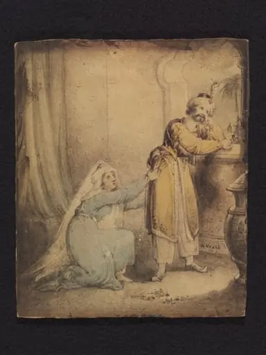 An Oriental Woman kneeling to plead with a Man who stands at a window, by William Heath