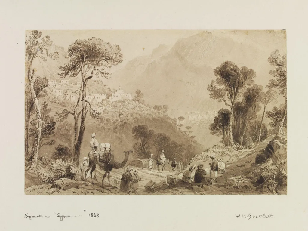 Village of Brumhanna in Mt. Lebanon, by William Henry Bartlett, watercolor, 1835