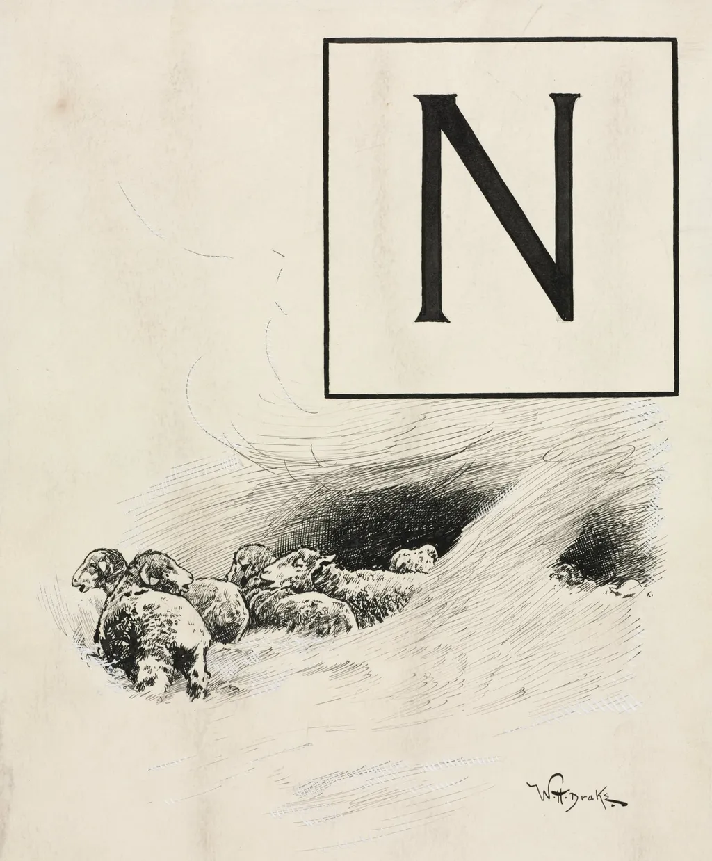 Inital N for Chapter L from "Lorna Doone", by William Henry Drake, 1889