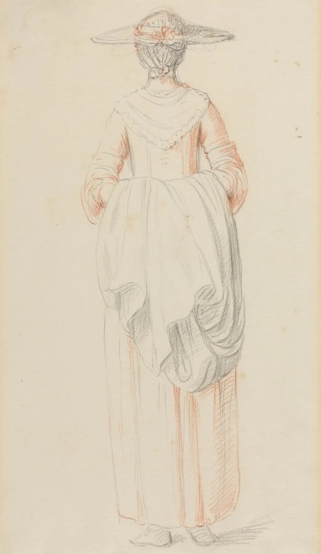 Lady Holding Her Cloak from Behind, by William Hoare, chalk, 1764
