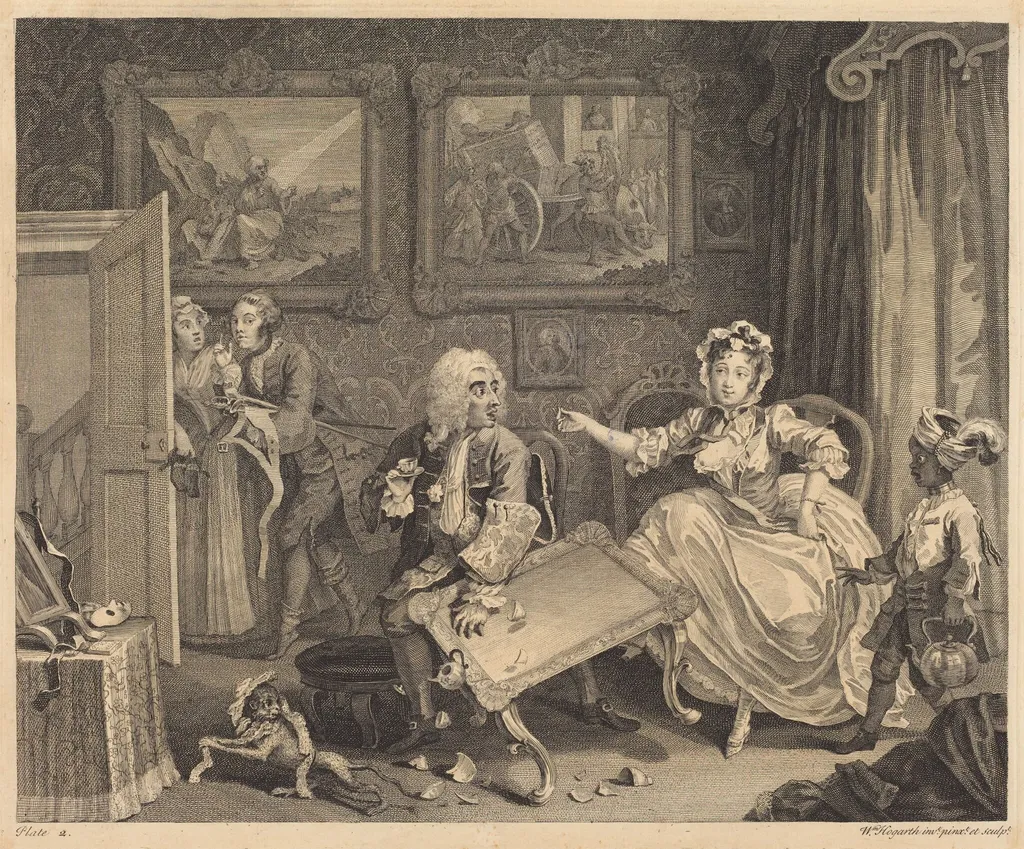 A Harlot's Progress: pl.2, by William Hogarth, ink, 1732