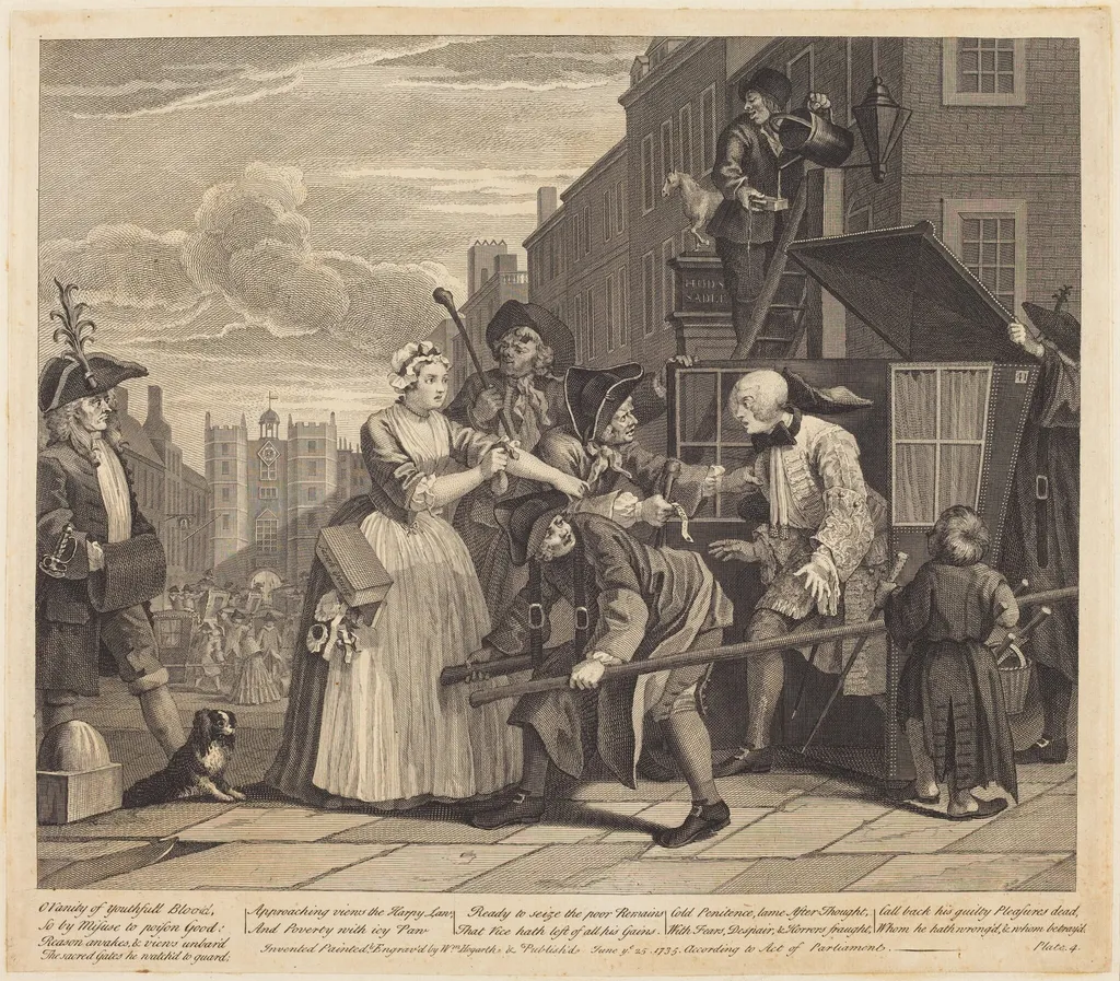 A Rake's Progress: pl.4, by William Hogarth, ink, 1735