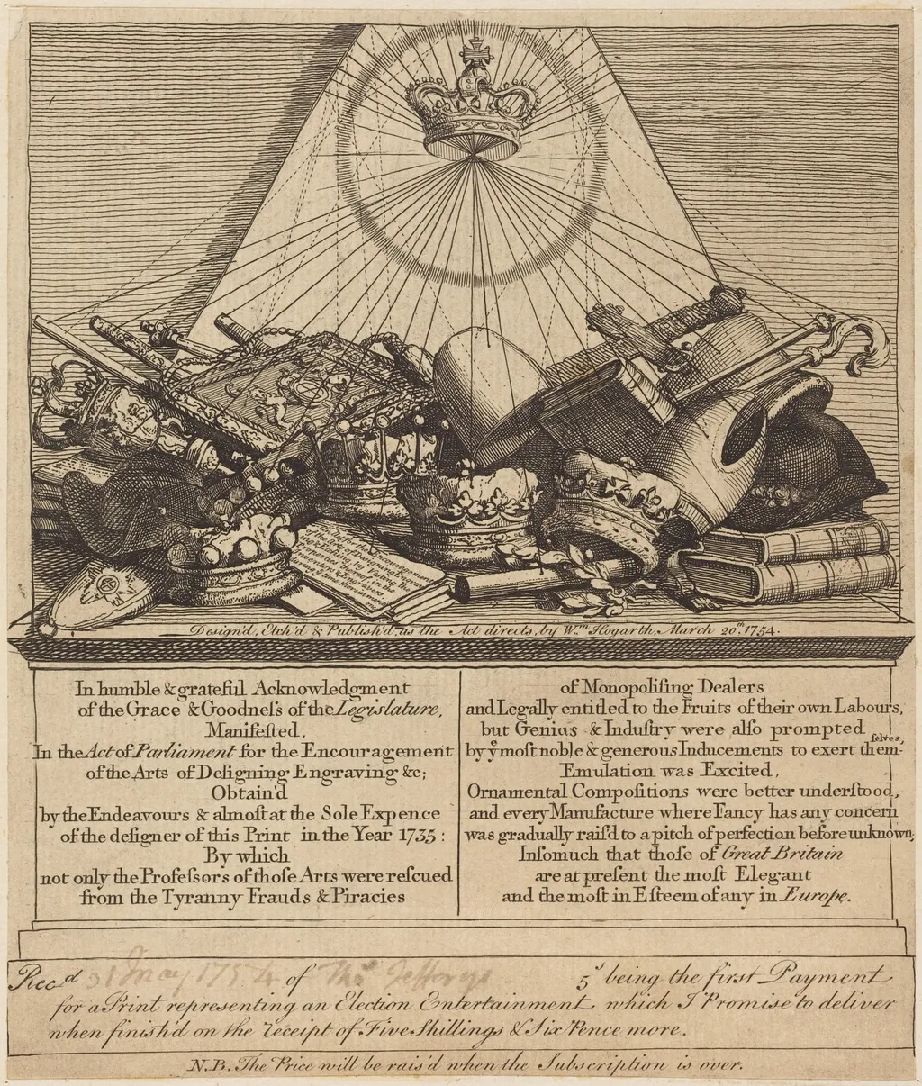Crowns, Mitres, Maces, Etc., by William Hogarth, ink, 1754