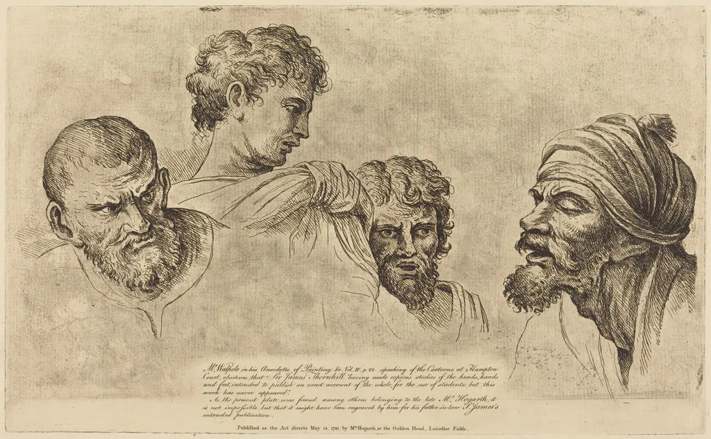 Four Heads from the Raphael Cartoons at Hampton Court, by William Hogarth, ink, 1729