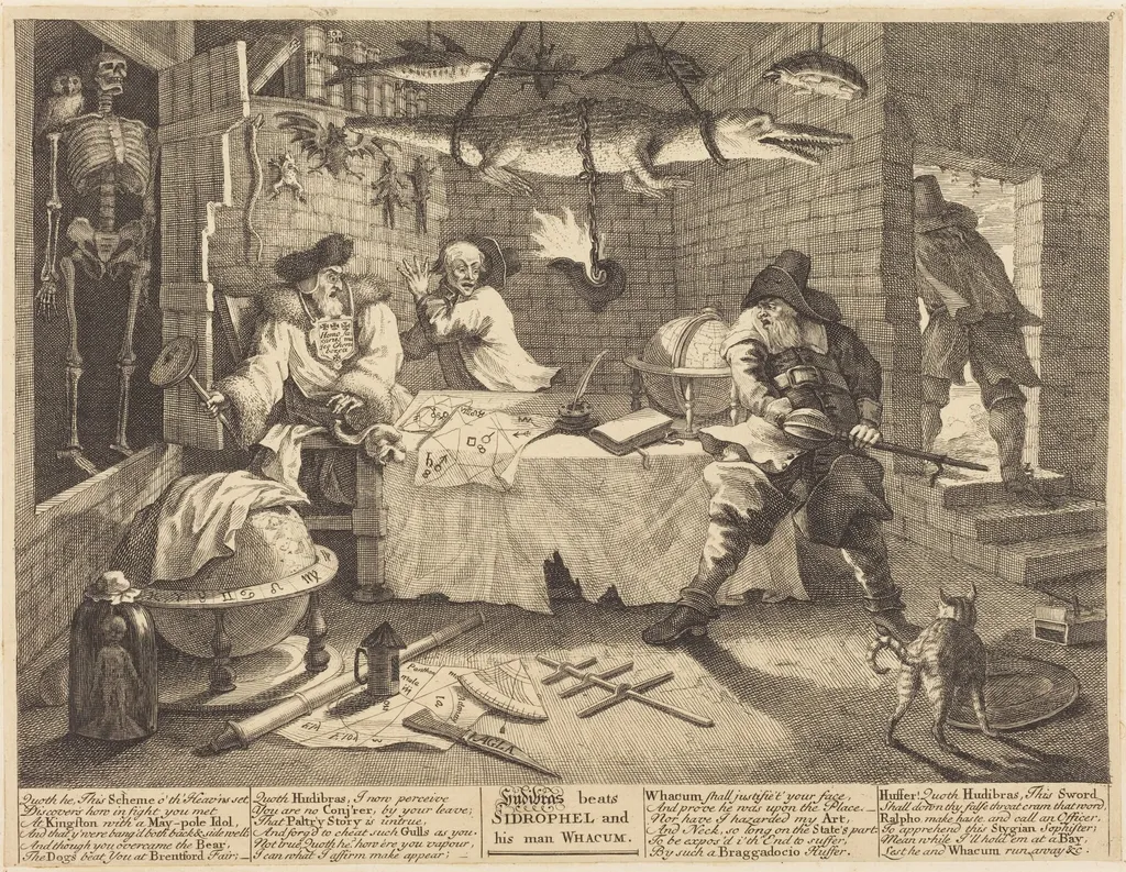 Hudibras beats Sidrophel and his man Whacum, by William Hogarth, ink, 1726