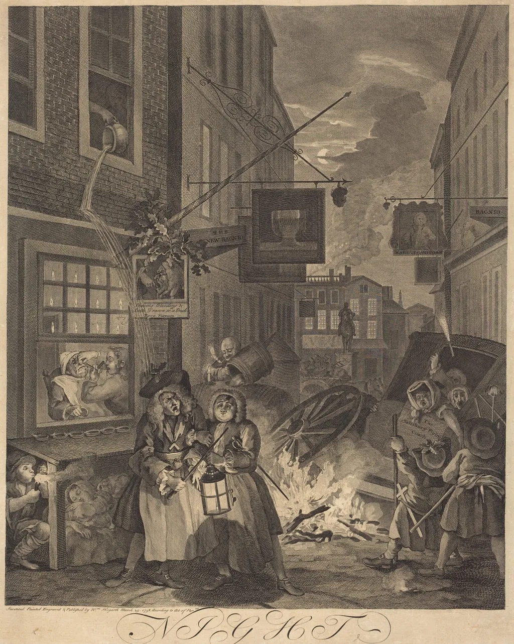 Night, by William Hogarth, ink, 1738