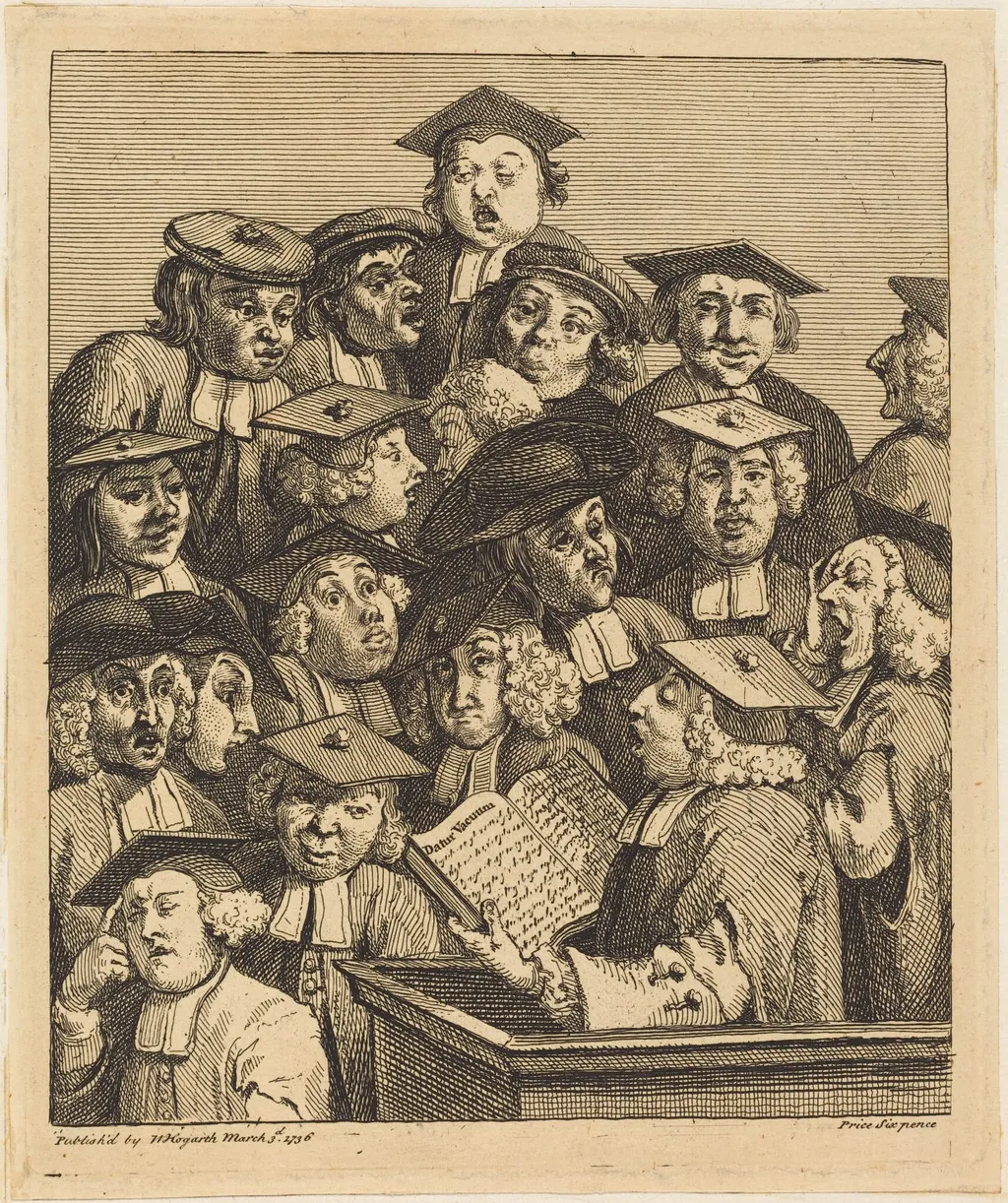Scholars at a Lecture, by William Hogarth, ink, 1736