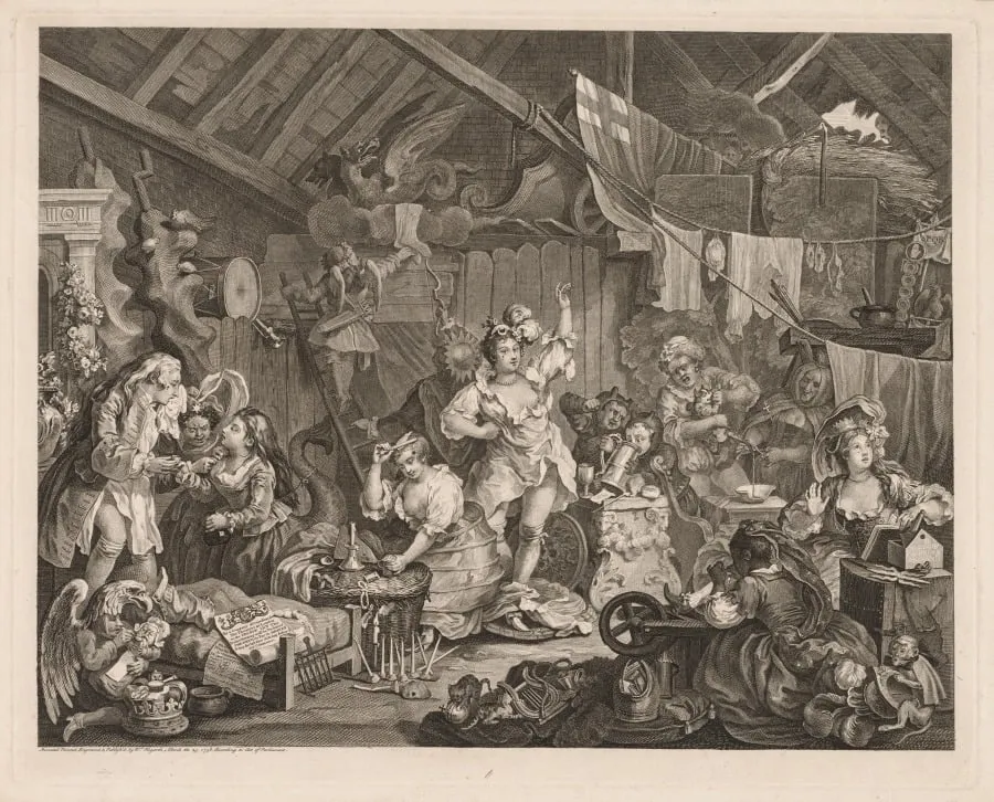 Strolling Actresses Dressing in a Barn, by William Hogarth, 1738