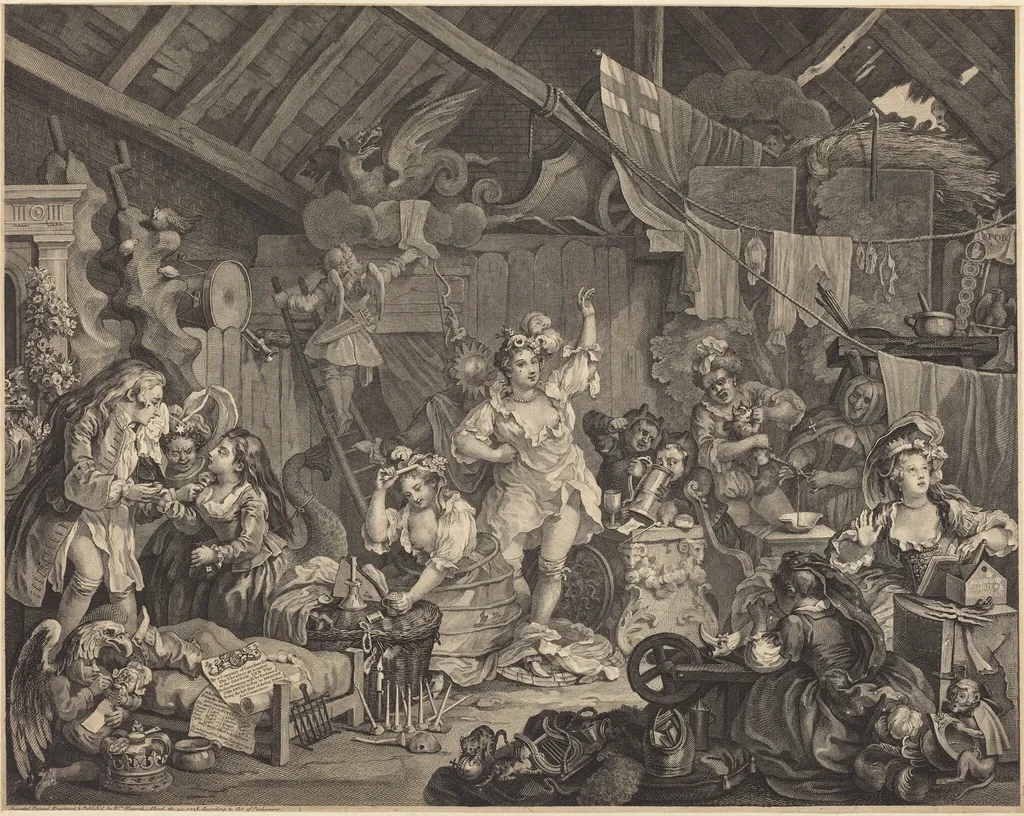 Strolling Actresses Dressing in a Barn, by William Hogarth, ink, 1738