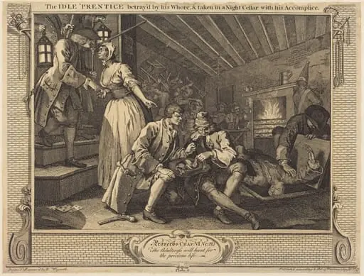 The Idle 'Prentice betray'd by his Whore, & taken in a Night Cellar with his Accomplice, by William Hogarth