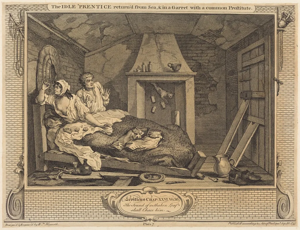 The Idle 'Prentice return'd from Sea & in a Garret with a common Prostitute, by William Hogarth, ink, 1747