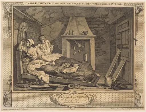 The Idle 'Prentice return'd from Sea & in a Garret with a common Prostitute, by William Hogarth