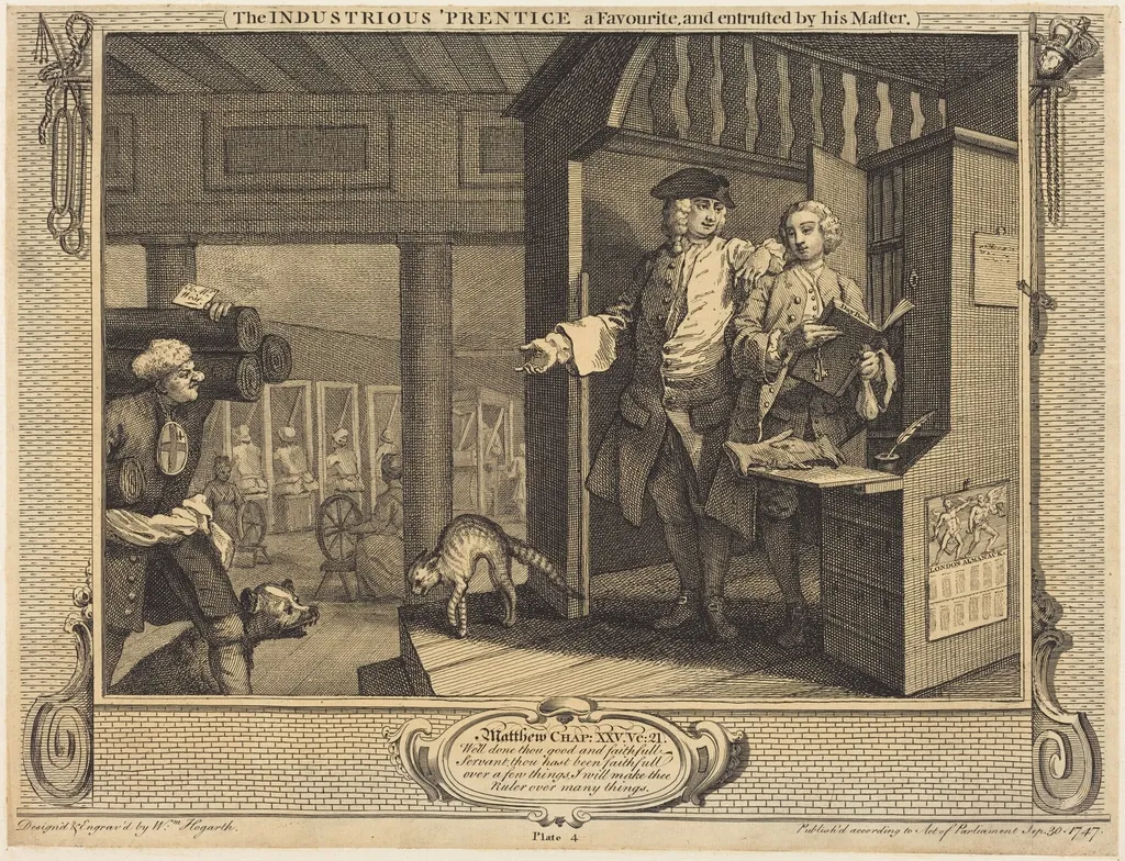 The Industrious 'Prentice a Favorite, and entrusted by his Master, by William Hogarth, ink, 1747