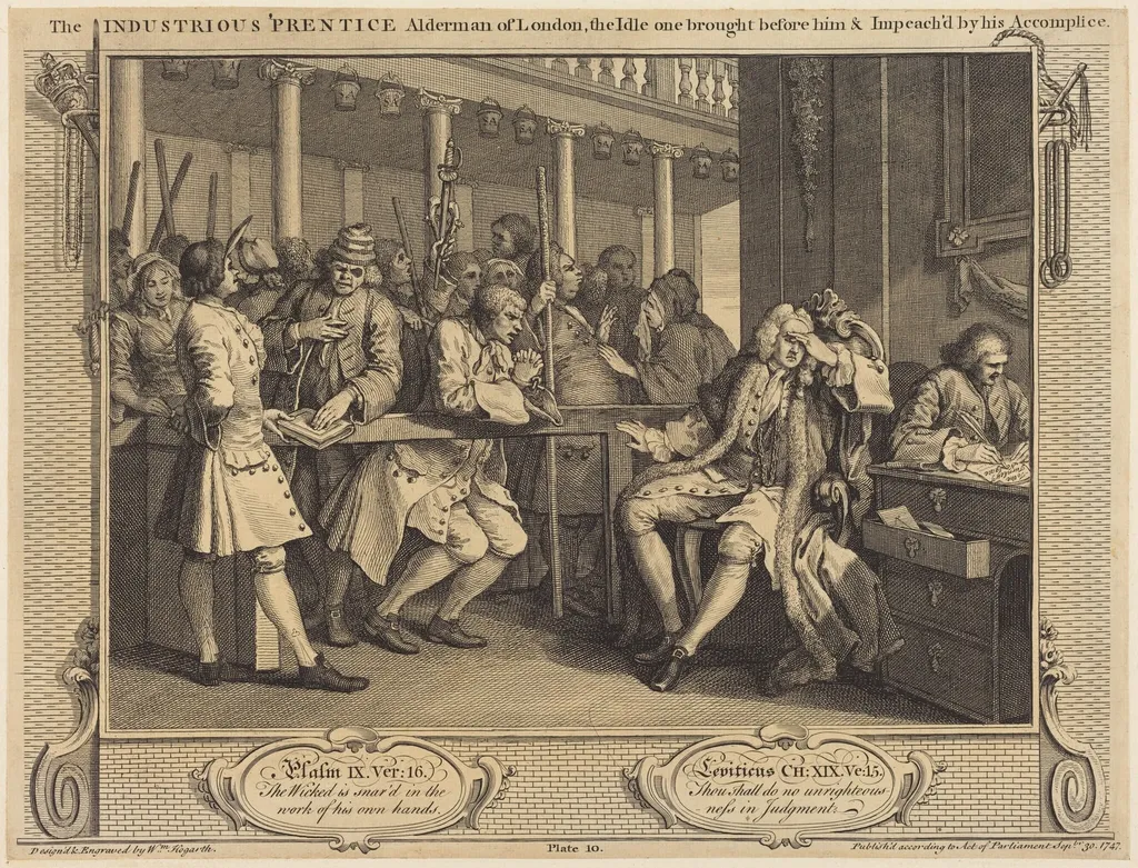 The Industrious 'Prentice Alderman of London,the Idle one brought before him & impea ch'd by his Accomplice, by William Hogarth, ink, 1747