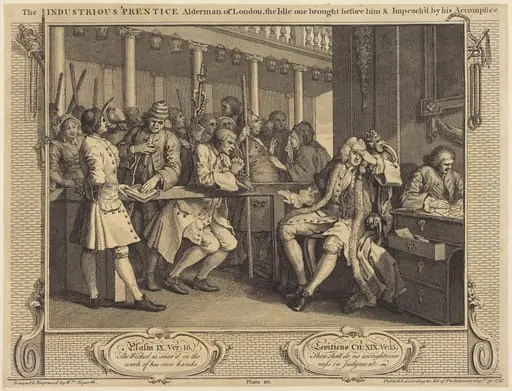 The Industrious 'Prentice Alderman of London,the Idle one brought before him & impea ch'd by his Accomplice, by William Hogarth