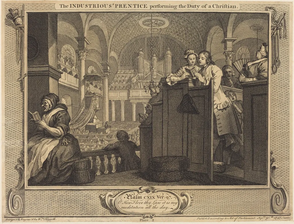 The Industrious 'Prentice performing the Dutyof a Christian, by William Hogarth, ink, 1747