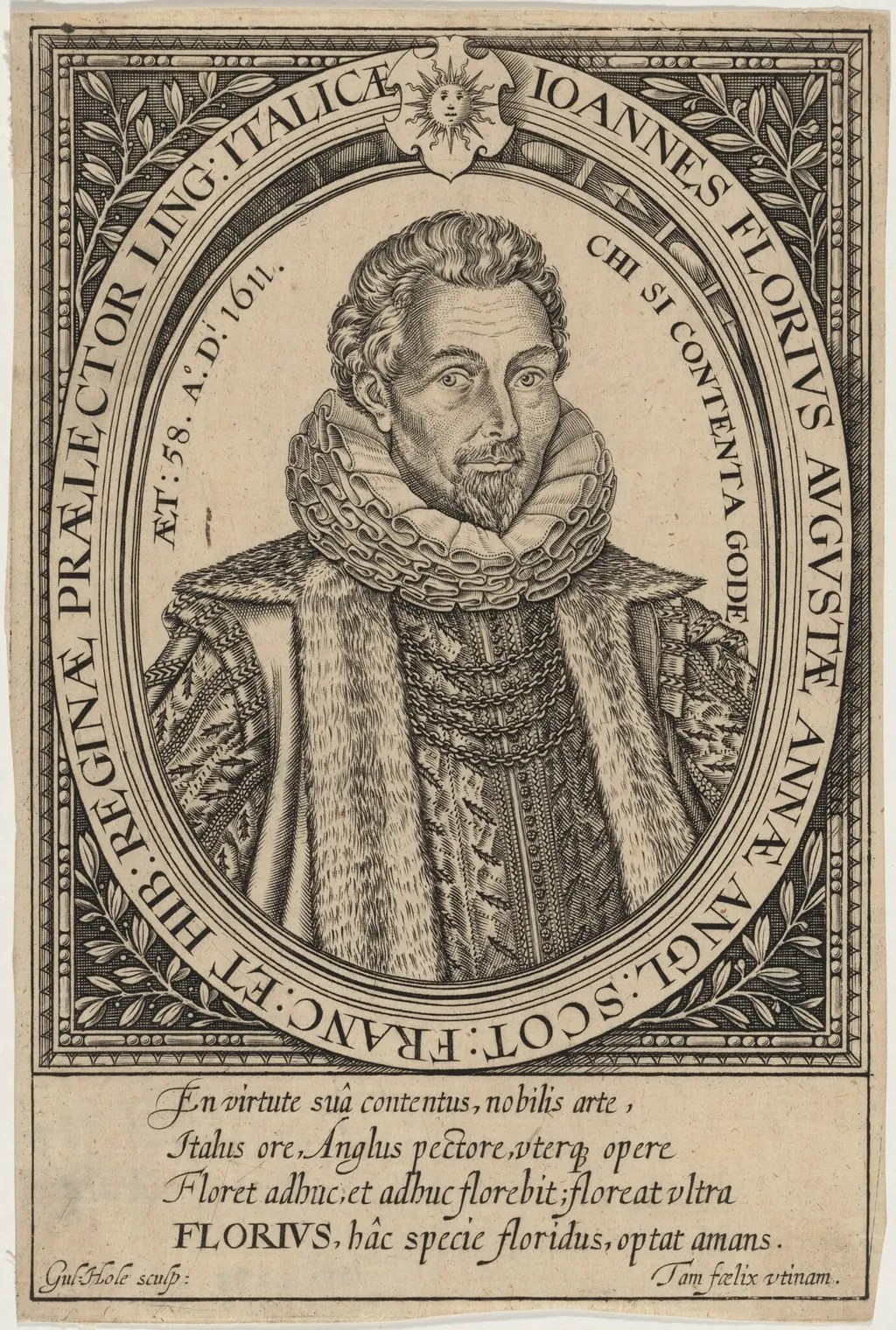 John Florio, by William Hole, ink, 1611