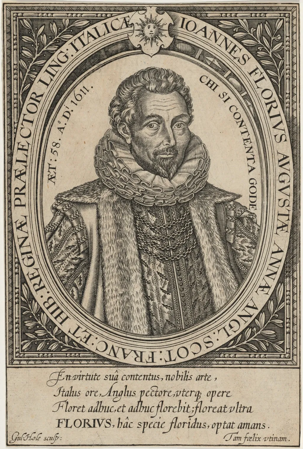 John Florio, by William Hole, ink, 1611
