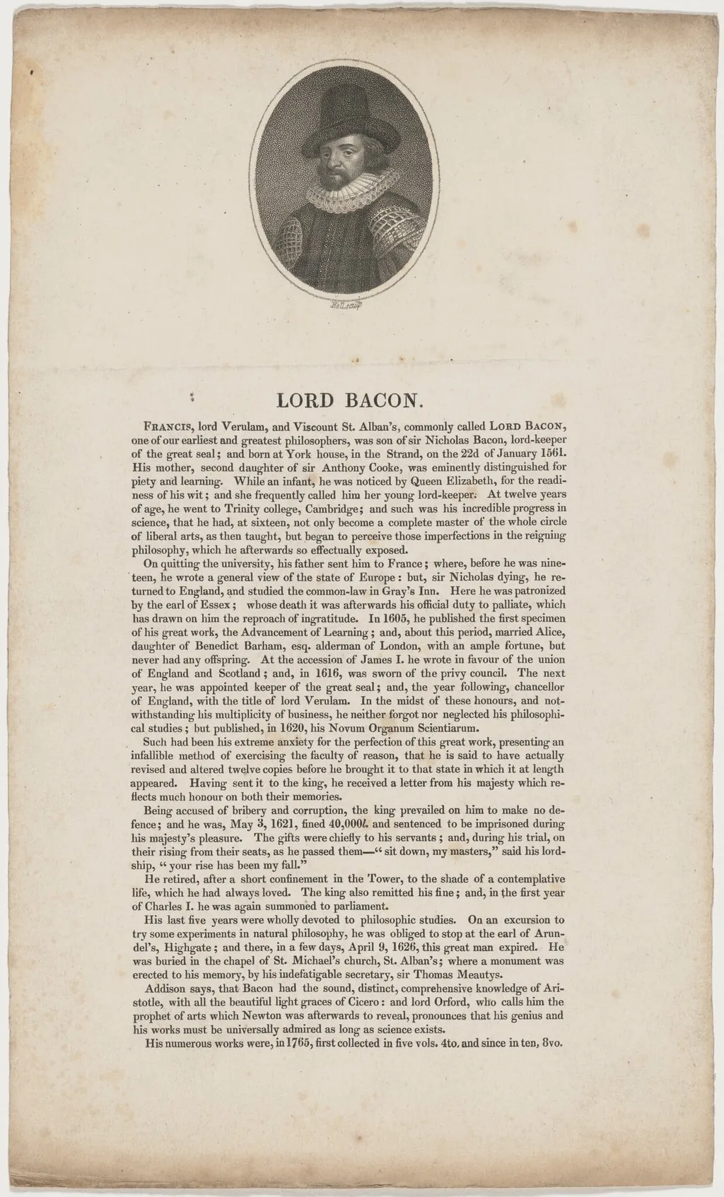 Lord Bacon, by William Holl I, ink, 1804