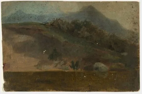 Riverbank below the Great and Little Sugarloaf Mountains, County Wicklow, by William Howis junior, unspecified, 1852
