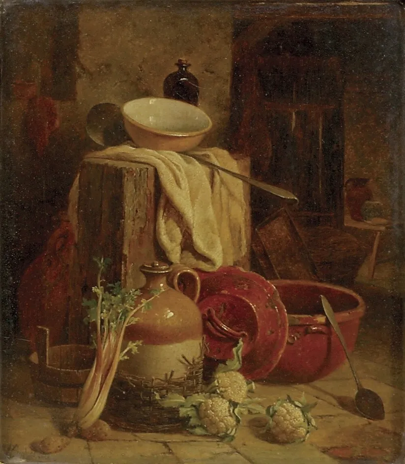 Still Life of Kitchen Utensils and Vegetables, by William Hughes, oil, 1868