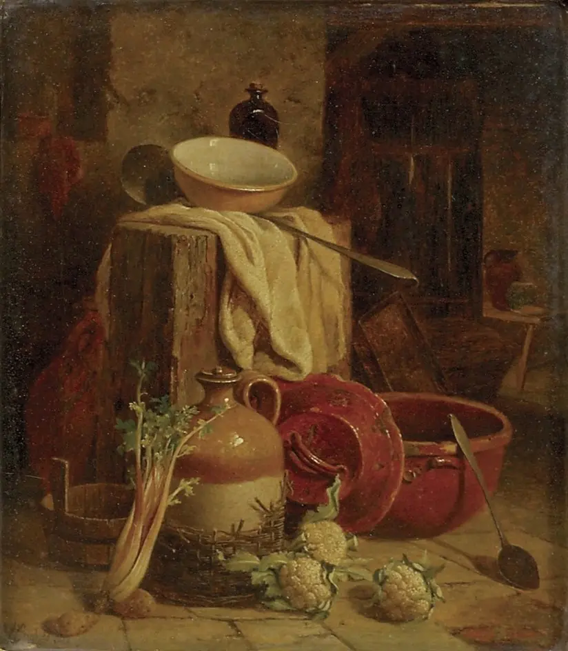 Still Life of Kitchen Utensils and Vegetables, by William Hughes