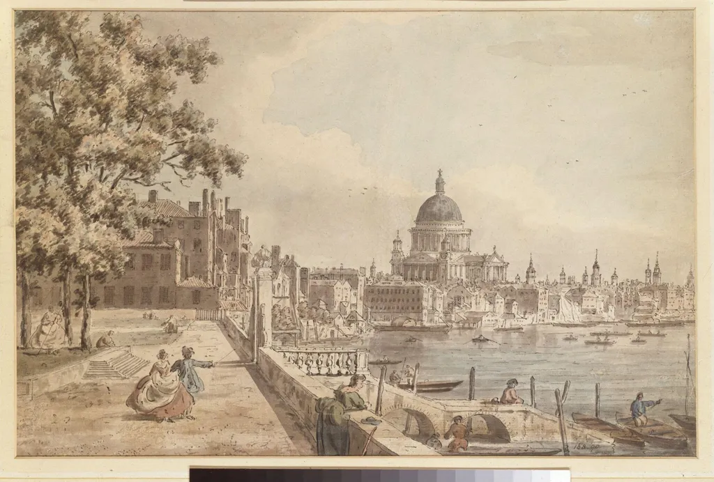 St. Paul's Cathedral, from the terrace of Old Somerset House, by William James, watercolor, 1768