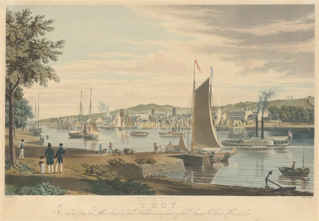 Troy: Taken from the West Bank of the Hudson in front of the United States Arsenal, by William James Bennett, ink, 1838