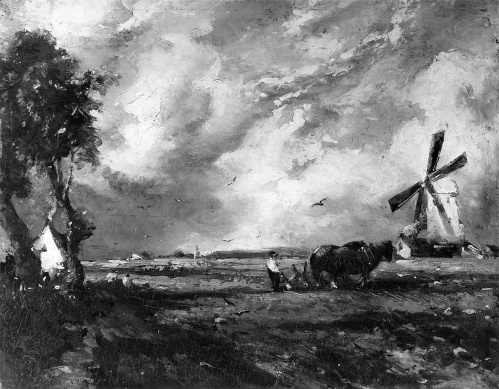 Landscape With Windmill, by William James Müller, oil, 1828