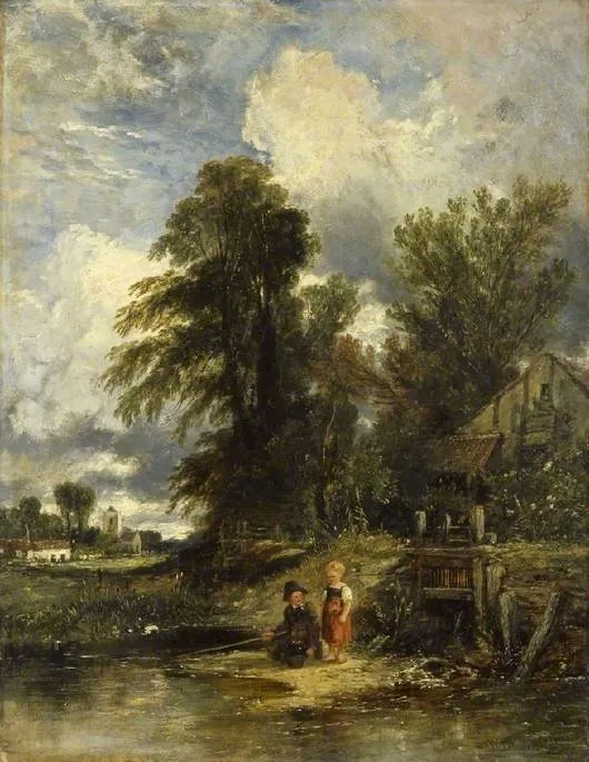 Millpond with children fishing, by William James Müller, oil, 1843