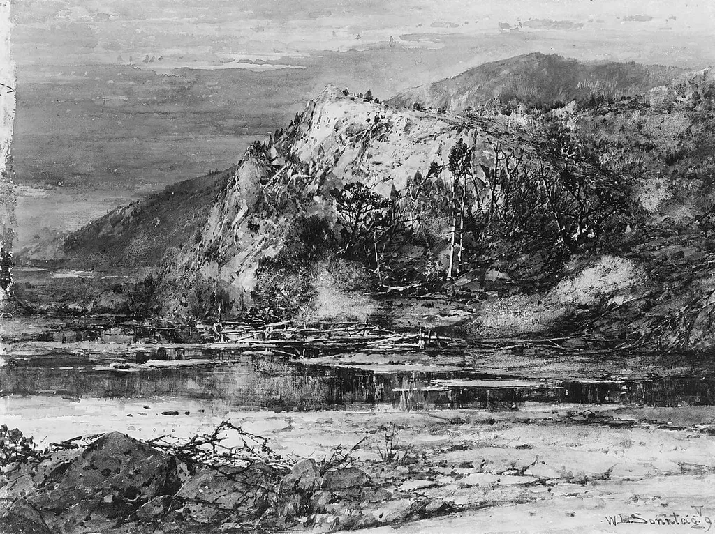 Landscape with Rocky Hills and Stream, by William Louis Sonntag, watercolor, 1890