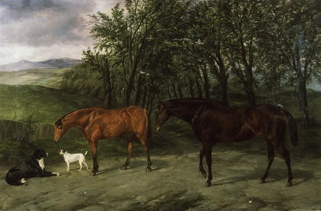 Portrait of hunters, Honey & Heckford, by William Luker, oil, 1859