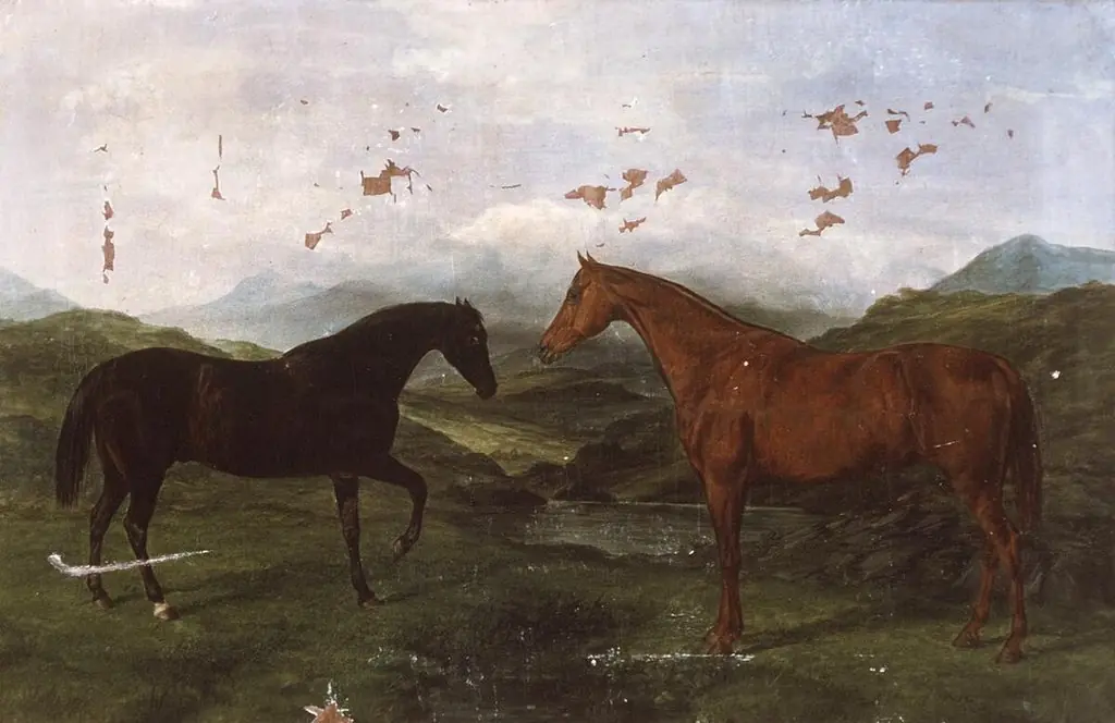 Two hunting horses in landscape, by William Luker