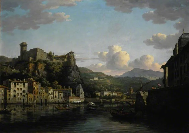 A View of the Château de Pierre Scize on the river Saône at Lyon, by William Marlow, oil, 1775