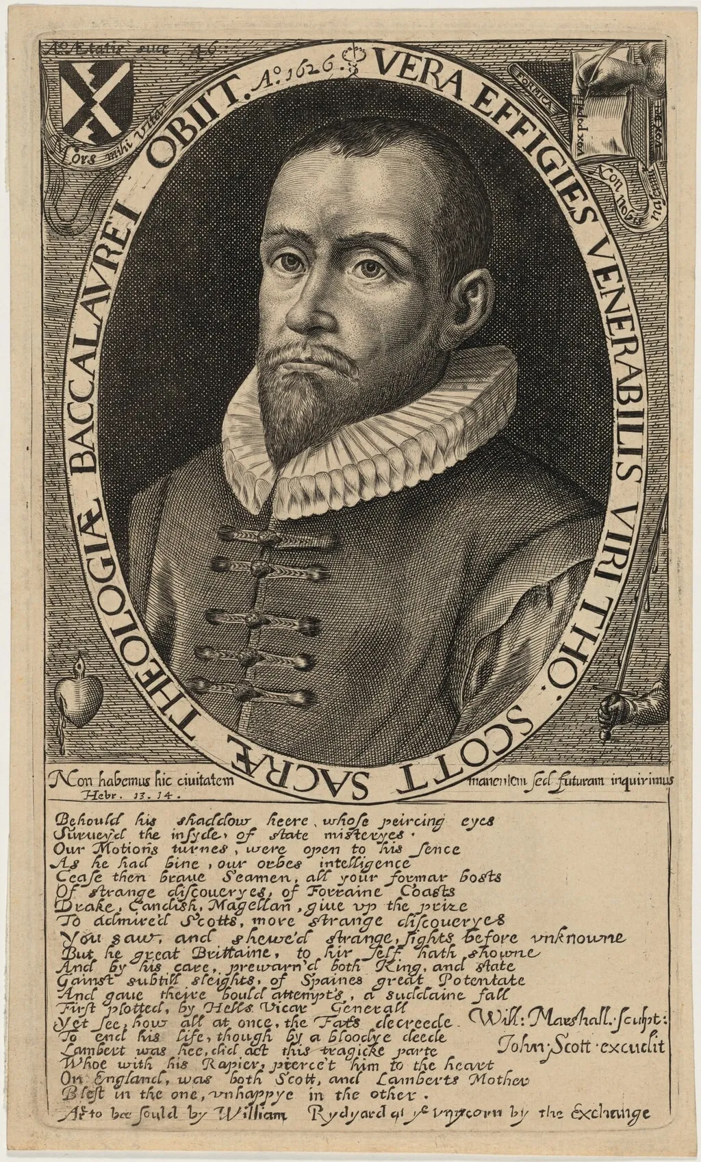 Thomas Scott, B.D., Political Writer, by William Marshall, ink, 1646