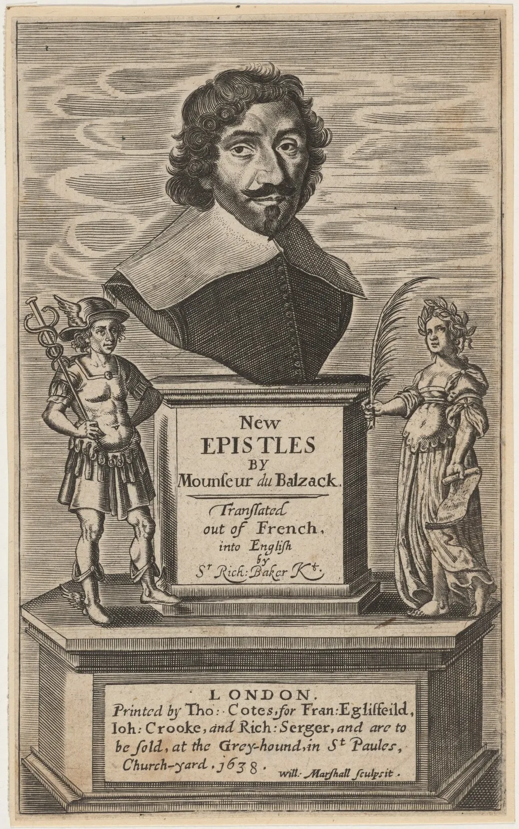 Title page to J.L. Guez, Sieur du Balzack, New Epistles, by William Marshall, ink, 1638