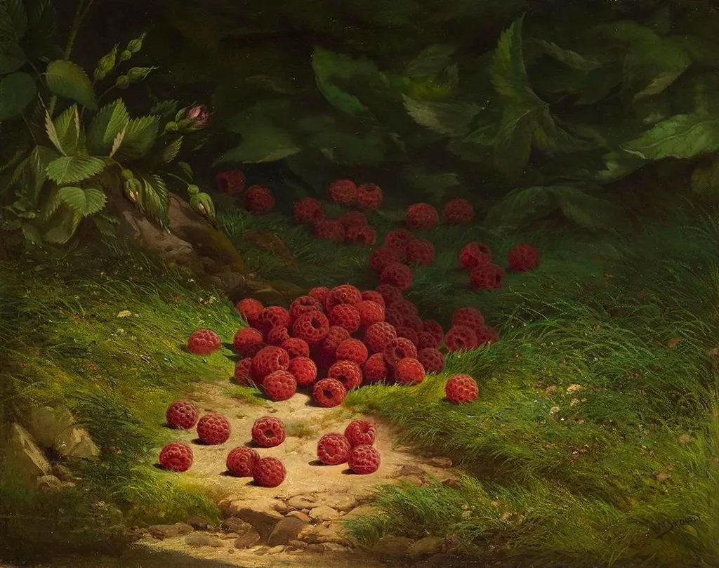 Raspberries in a Wooded Landscape, by William Mason Brown, oil, 1871