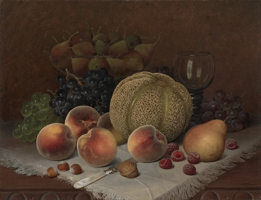 Still Life with Cantaloupe, by William Mason Brown, oil, 1890