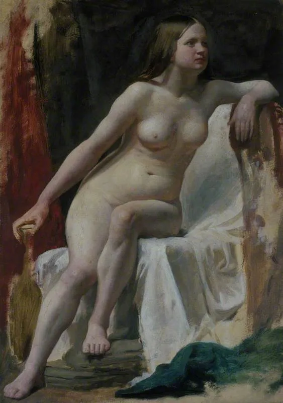 A Life Study of a Female Nude Model Seated on White Drapery, by William McTaggart, unspecified, 1854