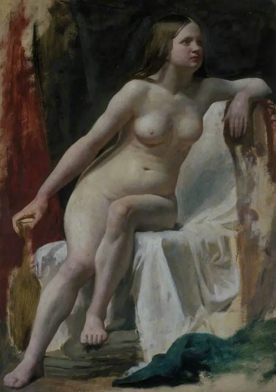 A Life Study of a Female Nude Model Seated on White Drapery, by William McTaggart