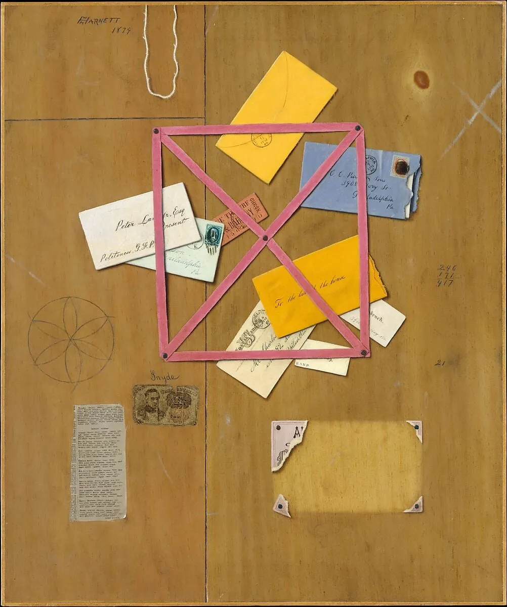 The Artist's Letter Rack, by William Michael Harnett, oil, 1879