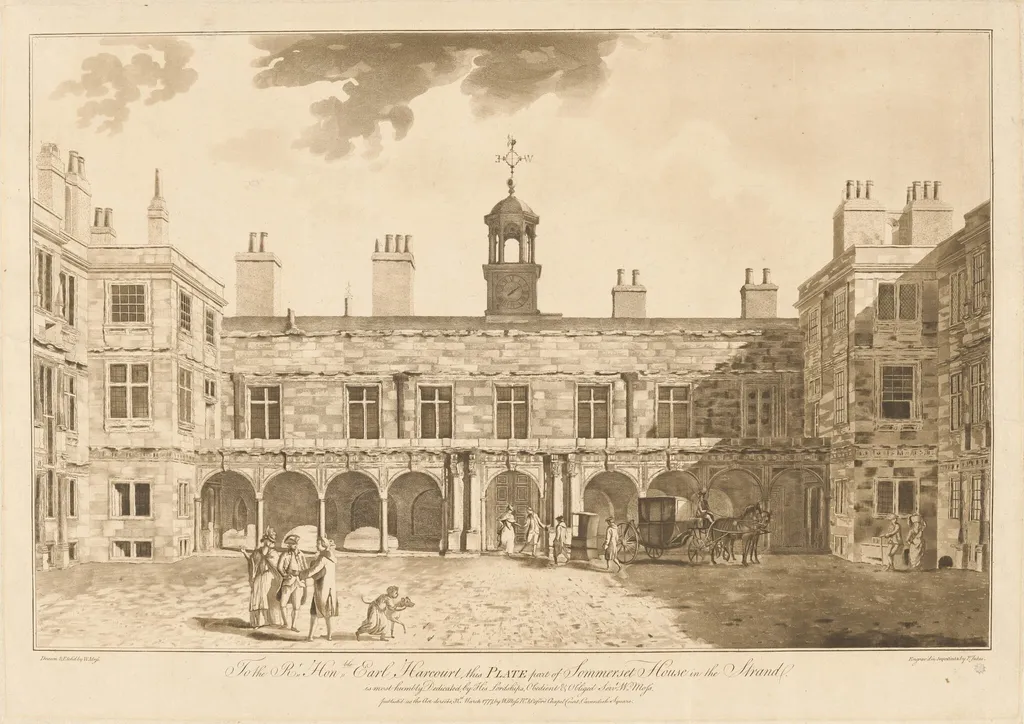 The Inner Courtyard of Old Somerset House in the Strand, by William Moss, ink, 1777