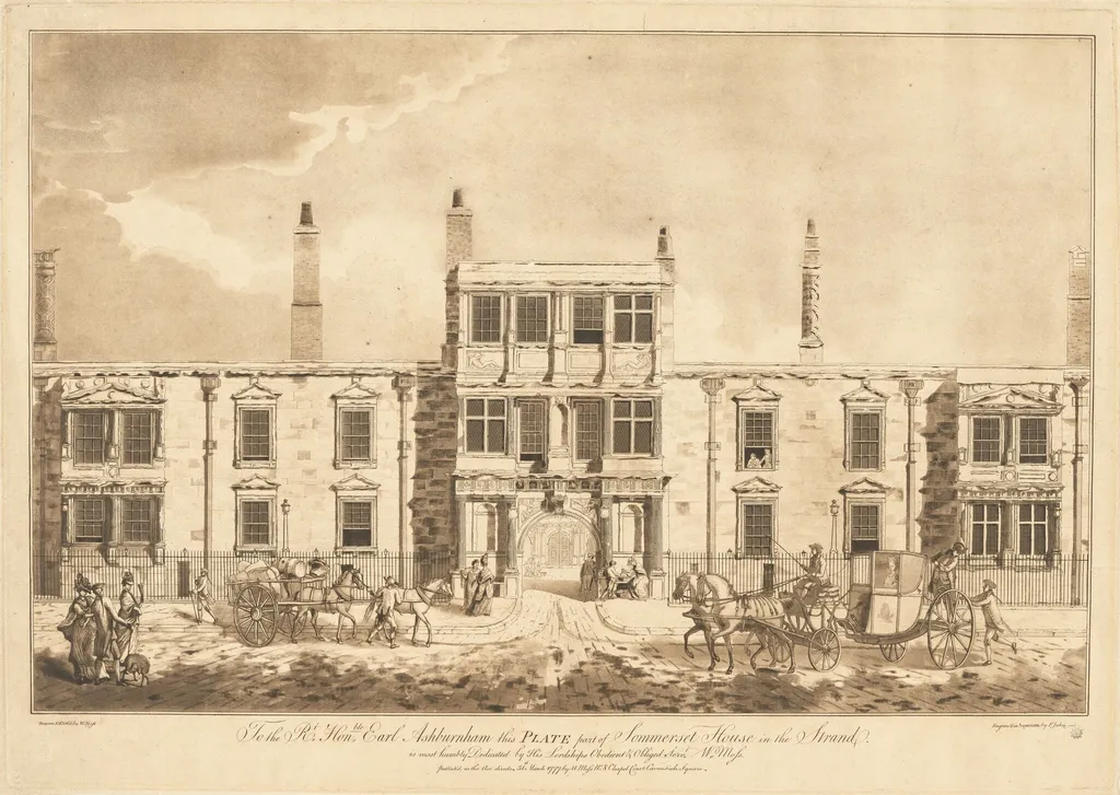 The North Front of Old Somerset House in the Strand, by William Moss, ink, 1777