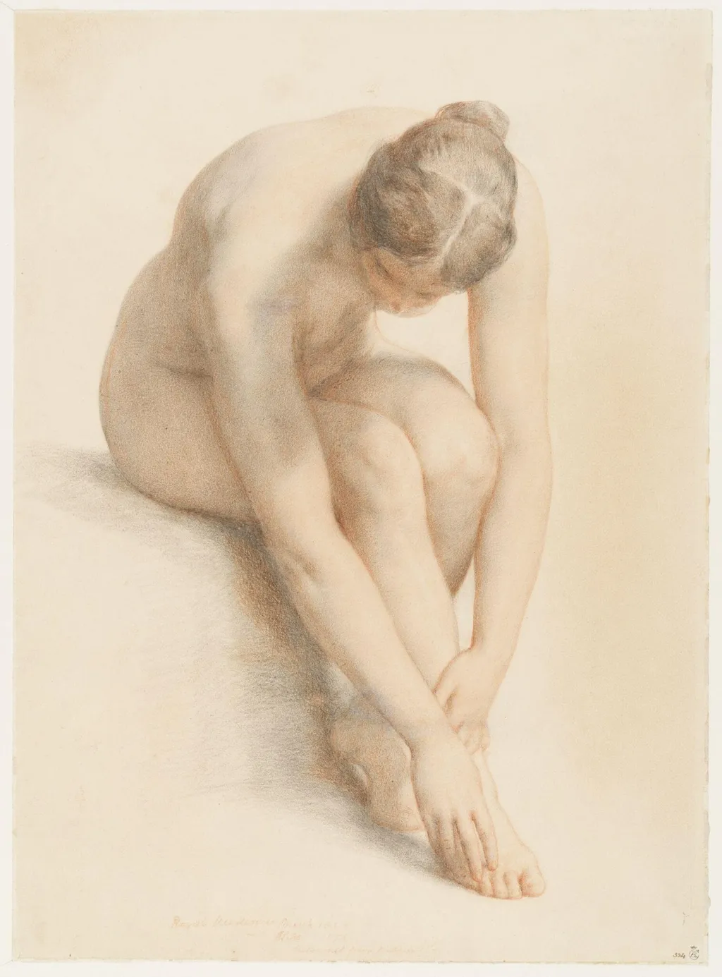 Female nude, seated, bending forward, by William Mulready, 1856