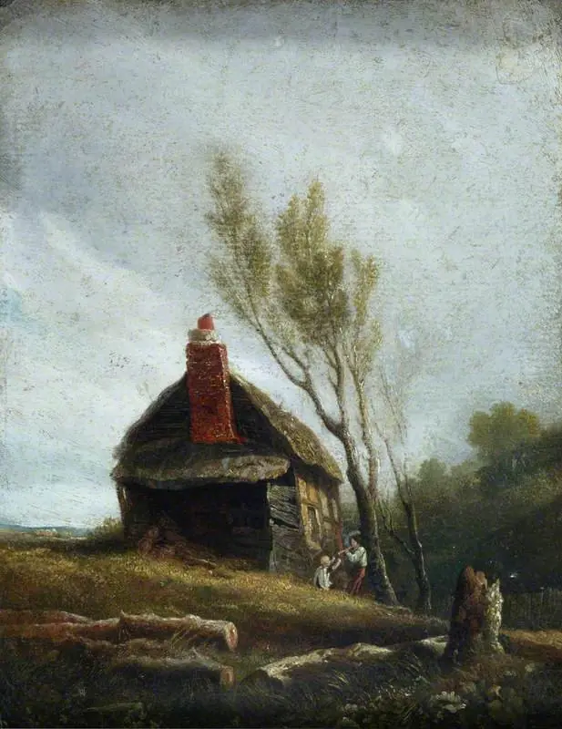 Landscape: A Cottage with Trees and Two Children, by William Mulready