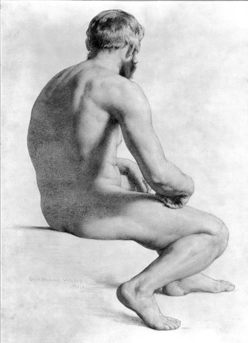 Male nude, seated, three-quarter view from back, by William Mulready, 1848